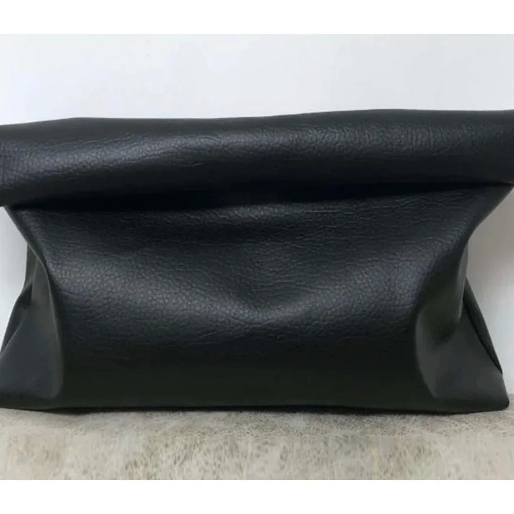 Micas Womens Faux Leather Clutch Bag Black Foldover Oversized Evening Pouch